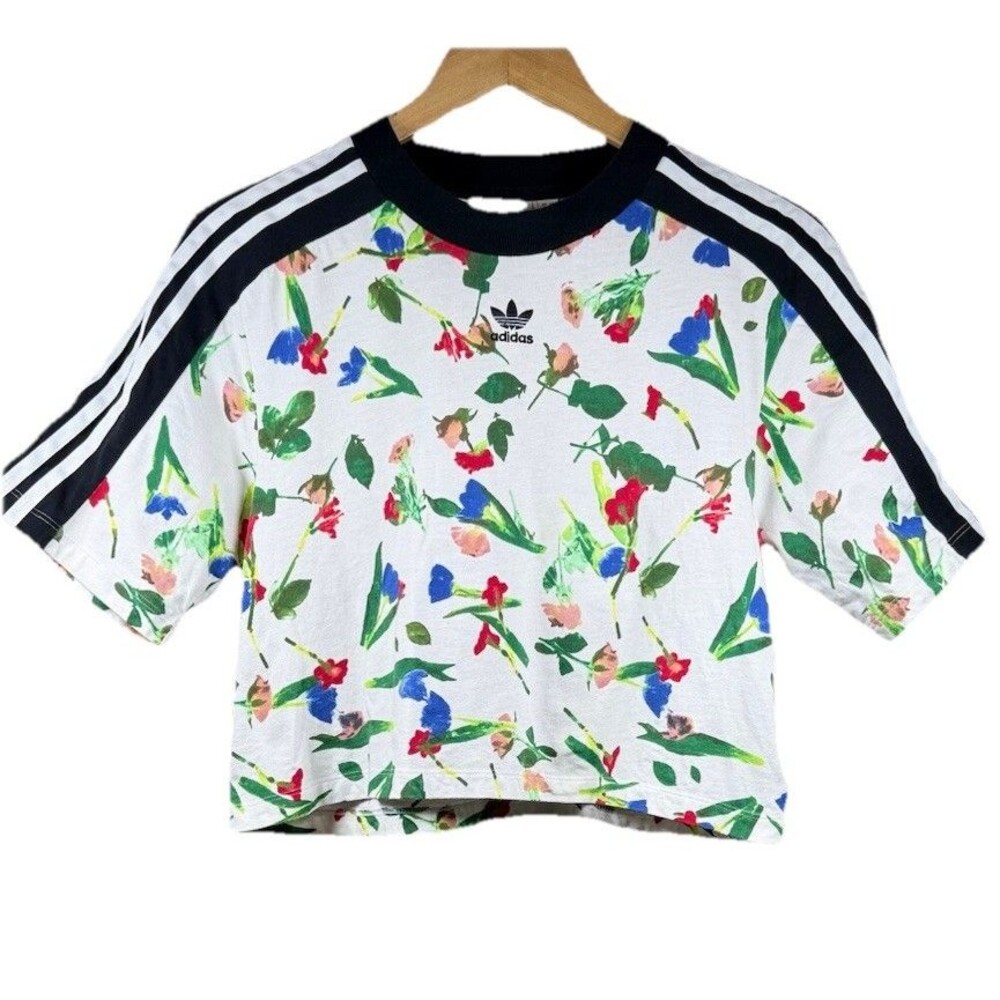 Adidas Originals Floral print Crop Top Womens S Trefoil 3 Stripe Tee Sporty